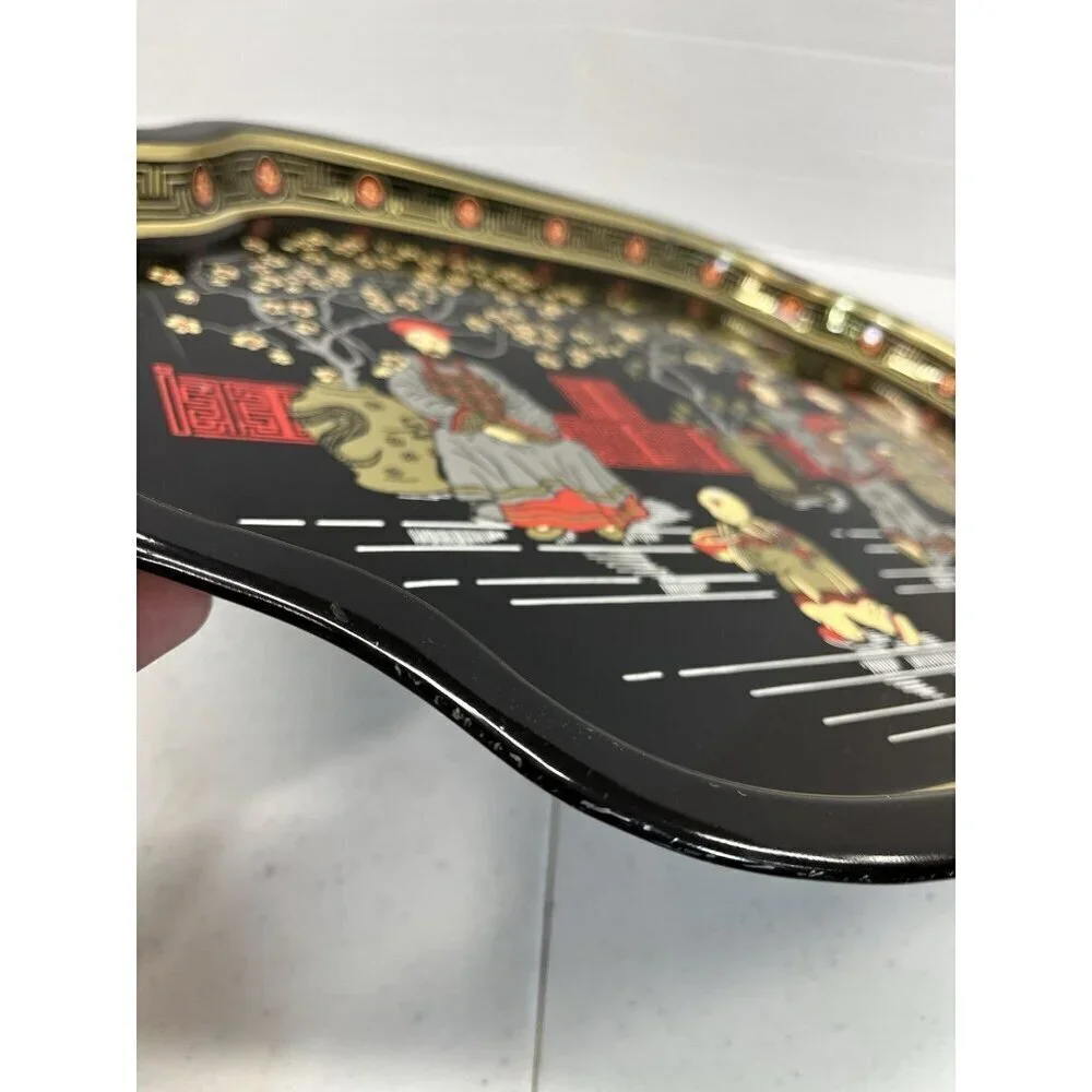 Vintage Asian Tin Serving Tray Made in England Chinese Emperor Throne Oriental